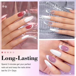 Long-lasting cat eye gel polish showing 21+ days wear with perfect shine on almond nails in red white purple colors
