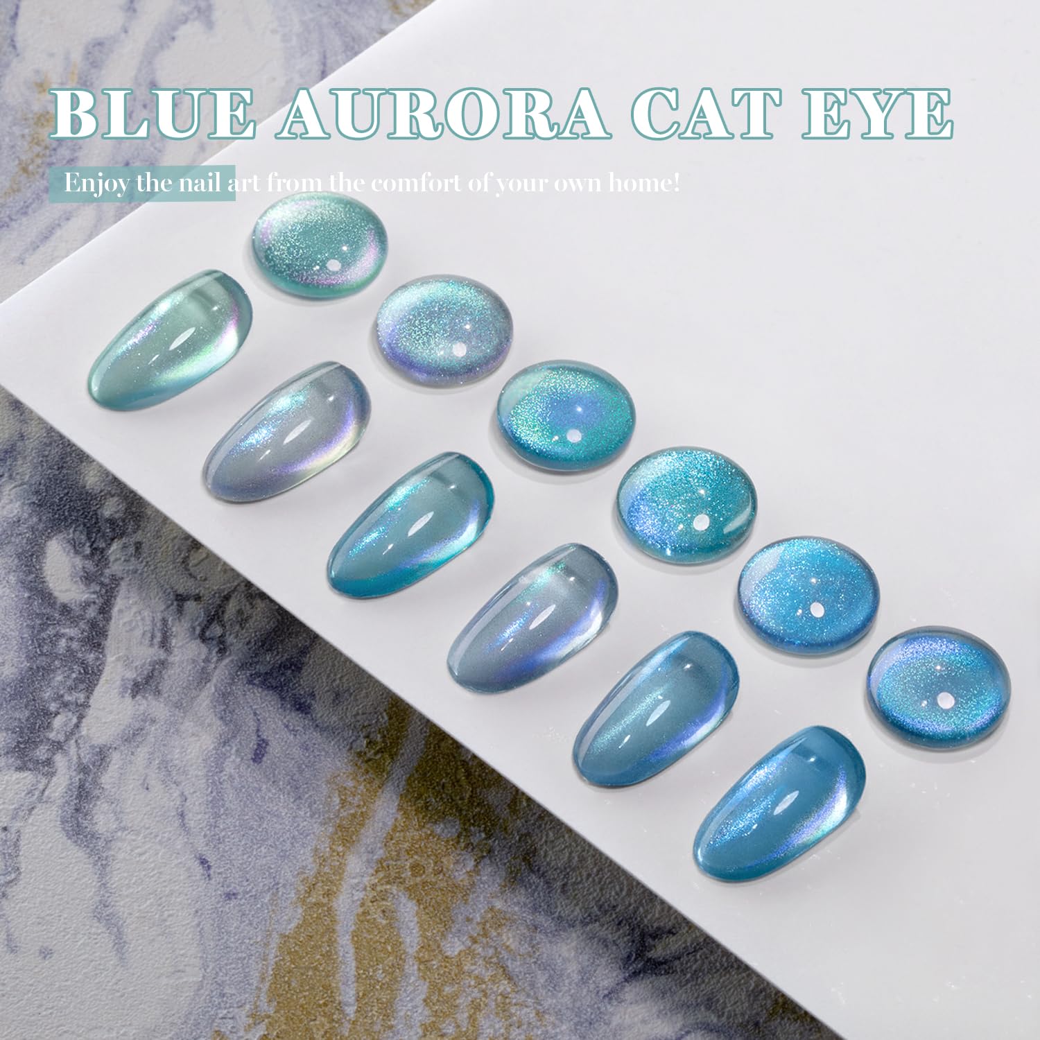 Arctic aurora cat eye gel nail polish swatches 6 colors blue green teal color shift glitter
