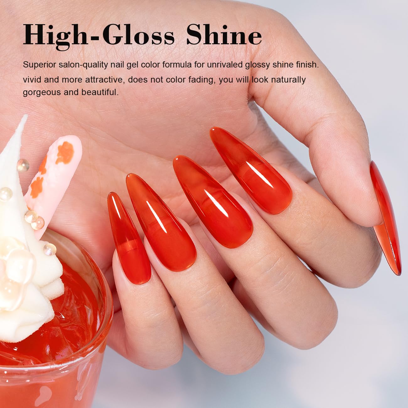 High-gloss shine amber red jelly gel polish salon-quality glossy finish vivid attractive translucent stained-glass
