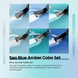 6-color sea blue amber jelly gel polish set 937-942 showing translucent blue teal turquoise gradient shades, TPO HEMA free
