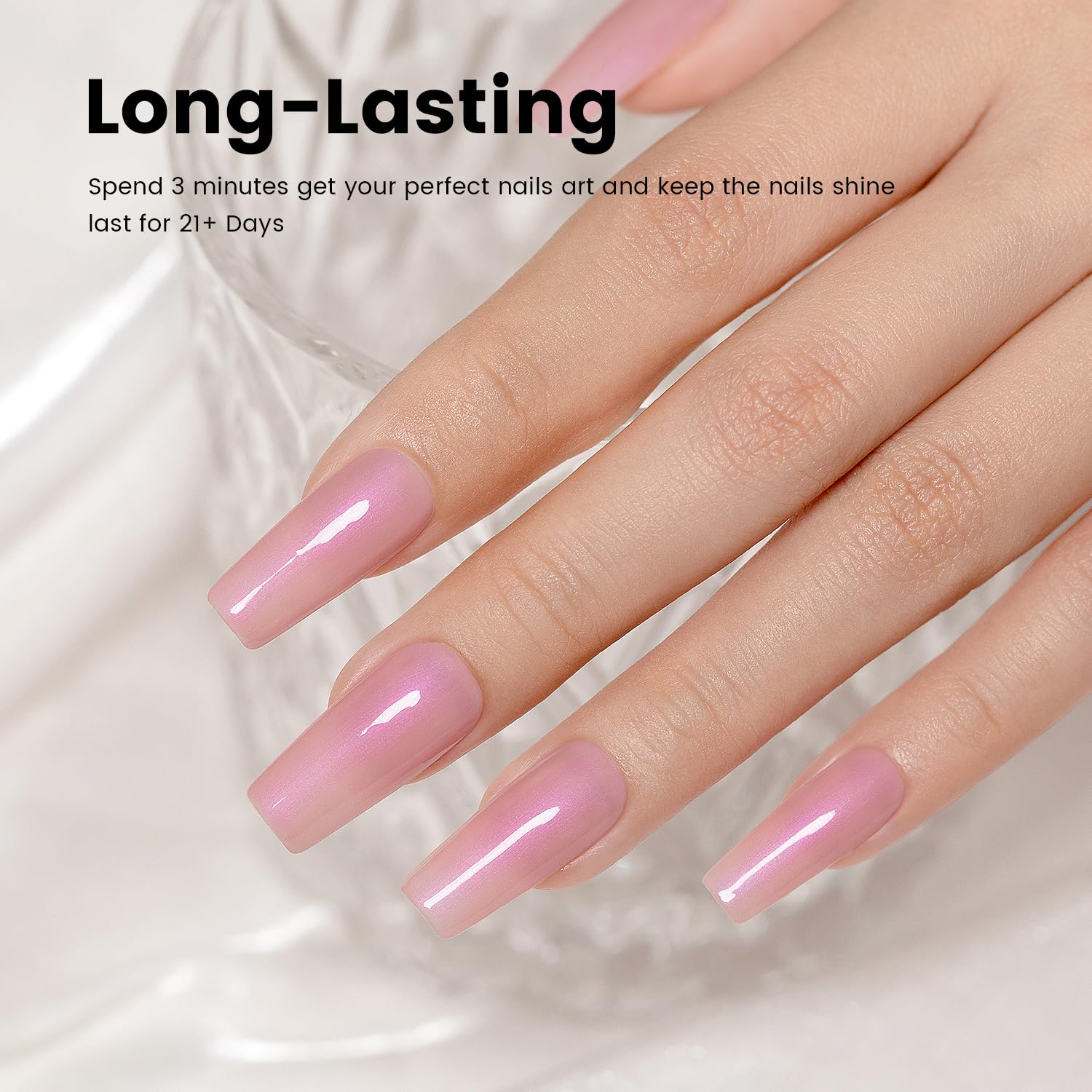 Blushing Aura pink shimmer manicure long-lasting 21 days glossy shine natural elegant look on nails
