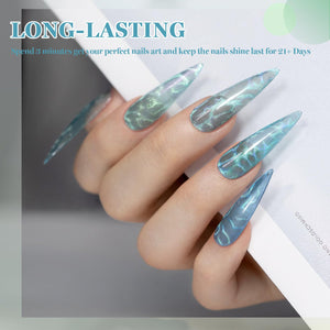 Blue green aurora cat eye gel polish on stiletto nails showing high-gloss shine and holographic effect long-lasting 21 days
