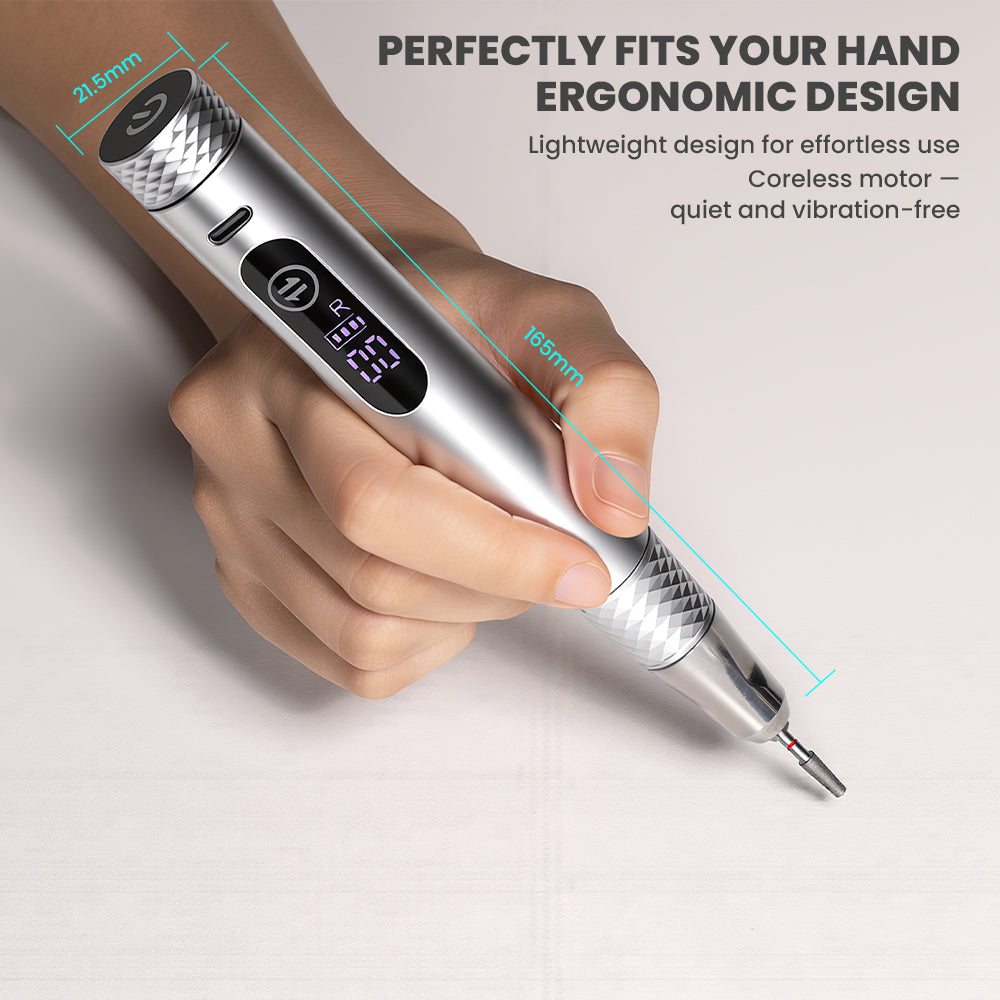 Professional cordless nail drill 35000 RPM ergonomic design 21.5mm diameter 135mm length lightweight aluminum body
