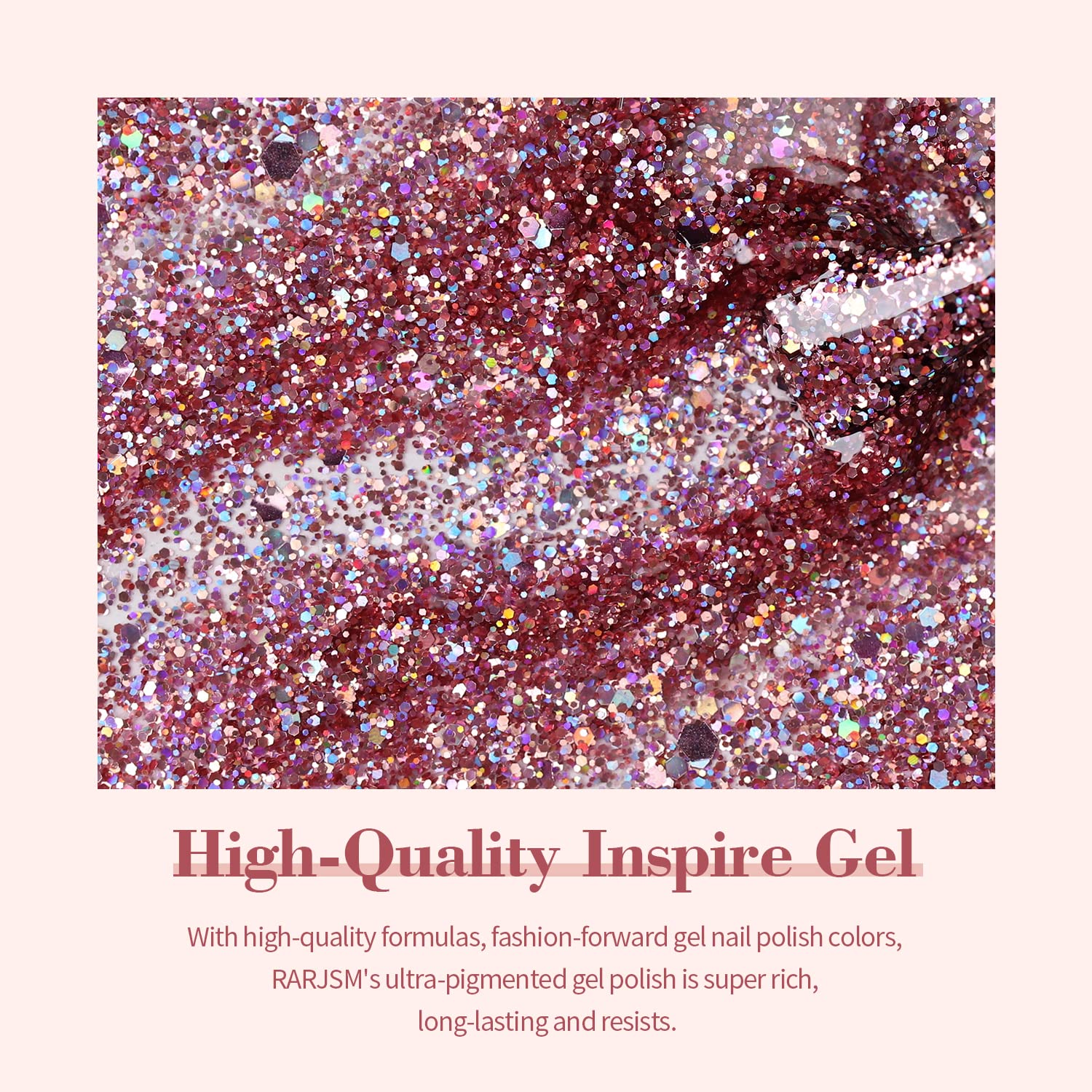 Rose gold glitter gel polish texture with iridescent holographic sparkles high-quality inspire gel
