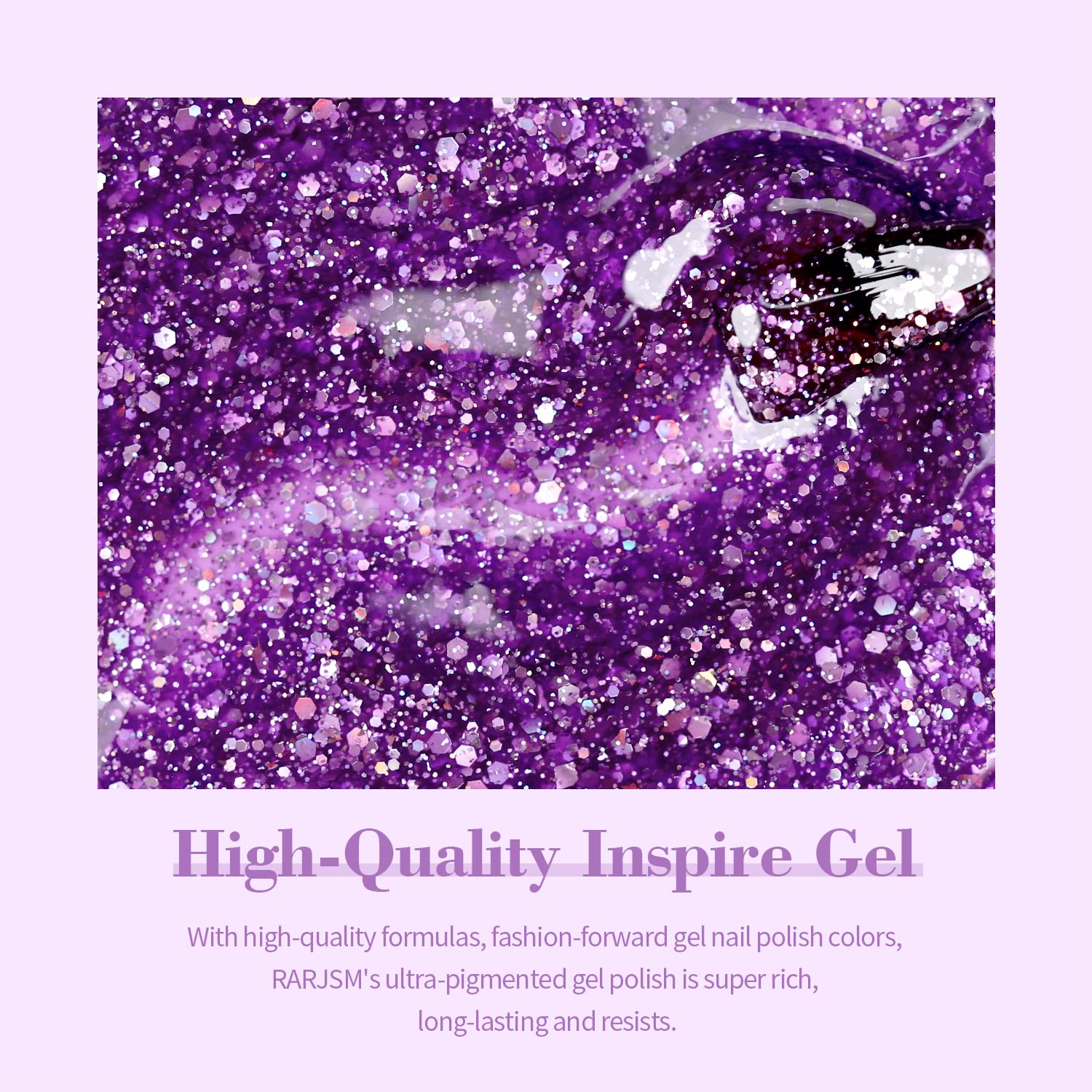 Purple galaxy glitter gel polish texture with iridescent holographic sparkles high-quality inspire gel
