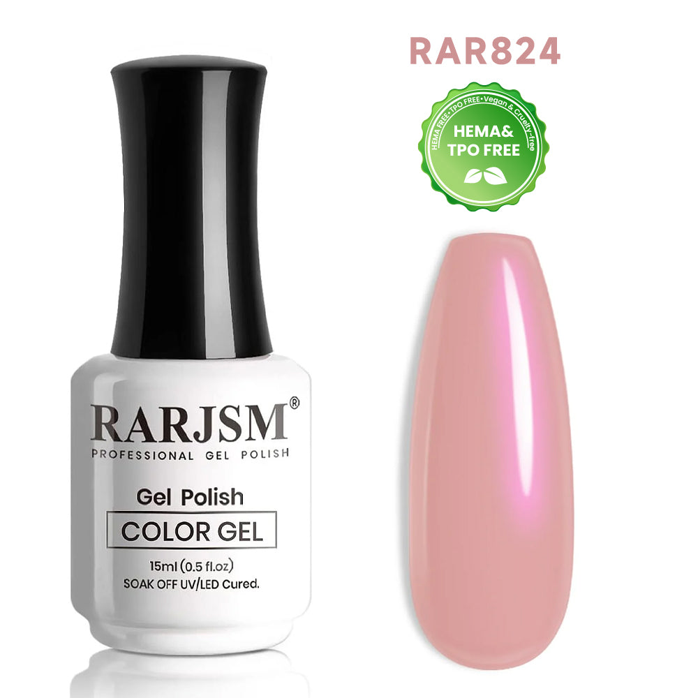 Blushing Aura R824 rose pink purple shimmer gel polish bottle 15ml with luminous glow swatch TPO HEMA free
