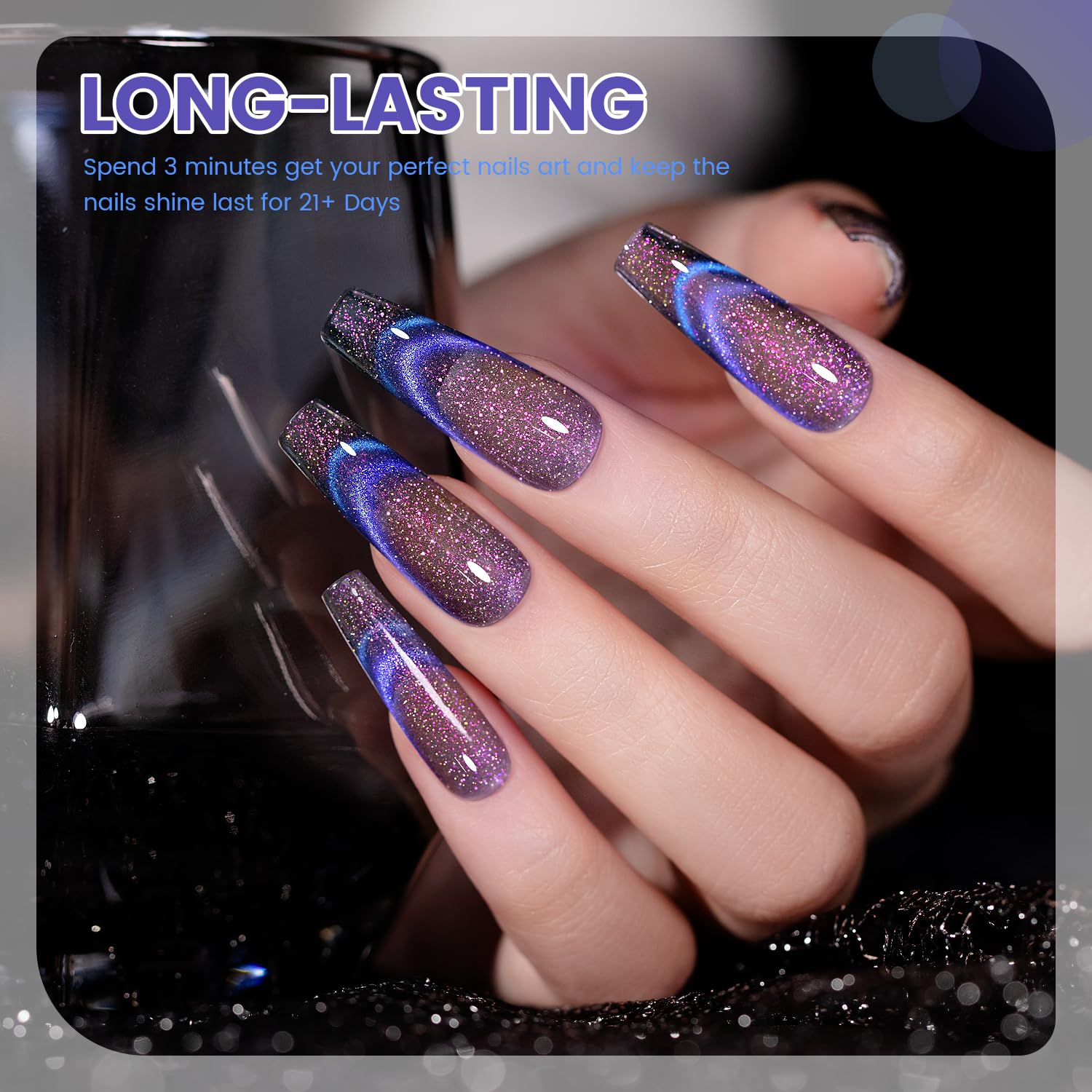 9D chameleon cat eye gel polish on long nails multi-dimensional color shifting magnetic shimmer cosmic glow
