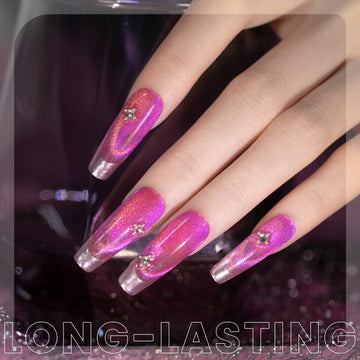 Aurora Rose Pink cat eye gel polish on long nails orange purple gold holographic shimmer romantic cosmic effect
