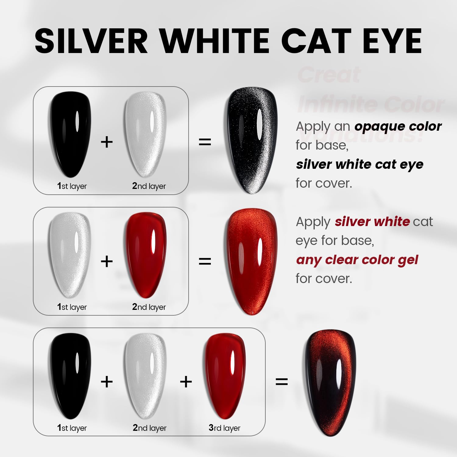 Silver white cat eye topper application tutorial opaque color base clear gel cover layering effects black red versatile
