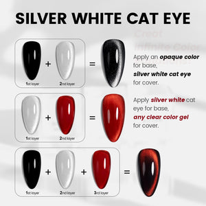 Silver white cat eye topper application tutorial opaque color base clear gel cover layering effects black red versatile
