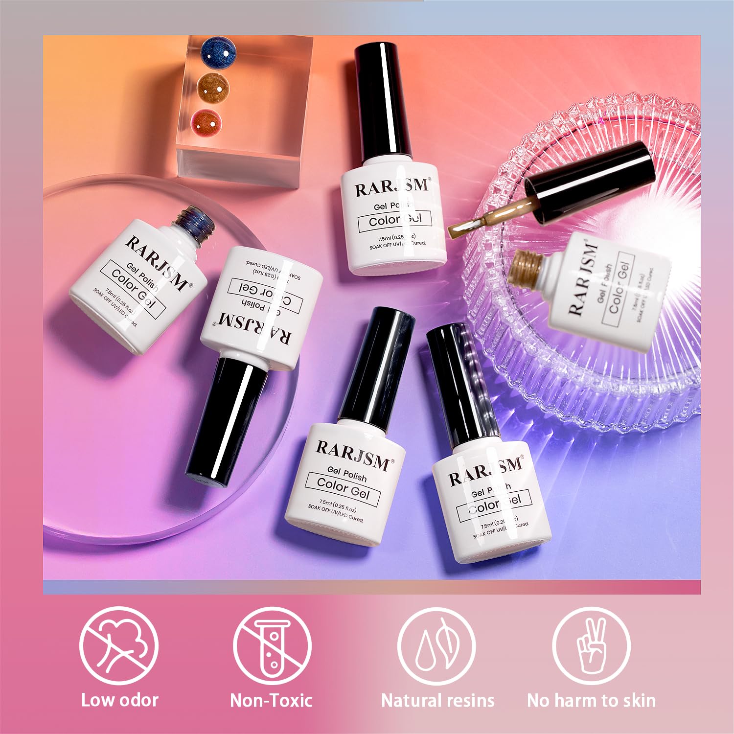 RARJSM 6-piece moonlight ceramic cat eye gel polish set with low odor, non-toxic, natural resins, no harm to skin features in gradient background

