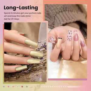 Long-lasting 21+ days golden horizon gold shimmer jelly gel polish on long coffin nails showing nude and pink colors with golden sparkle for autumn

