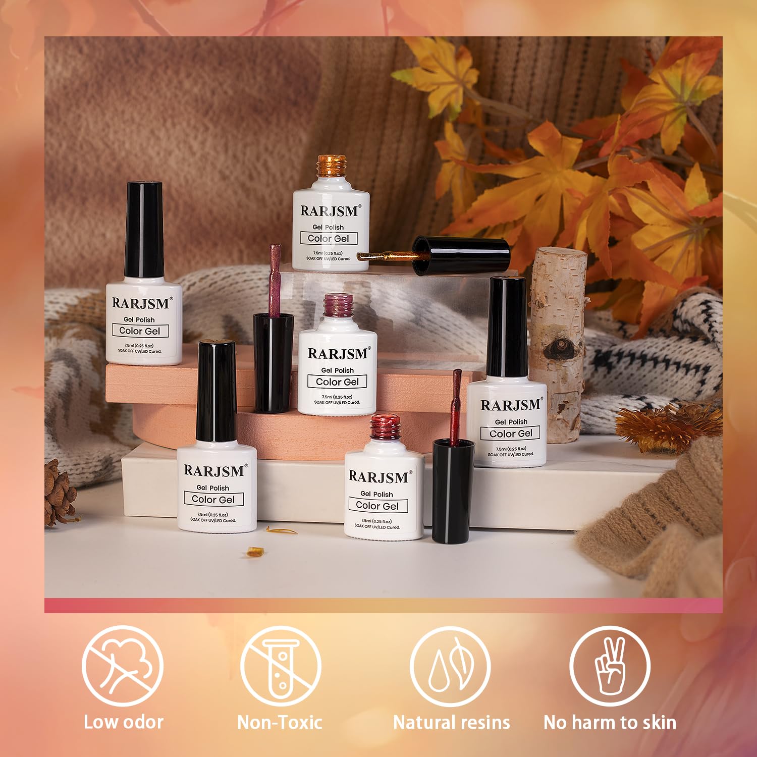 RARJSM nude gold glitter gel polish set with low odor, non-toxic, natural resins, no harm to skin features in autumn leaves setting

