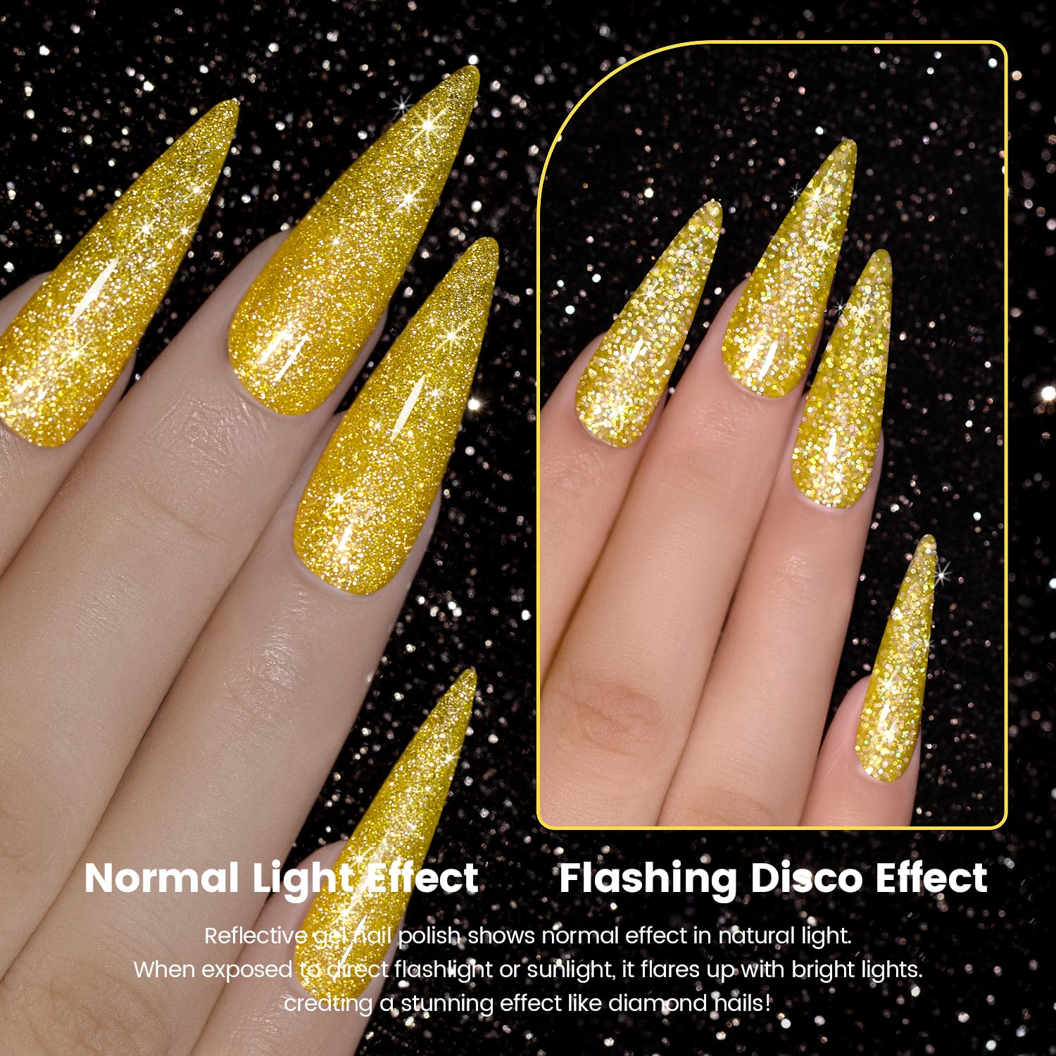 Normal light effect vs flashing disco effect reflective gel polish natural light flashlight sunlight diamond sparkle comparison golden
