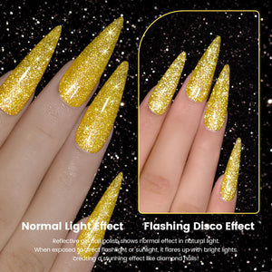 Normal light effect vs flashing disco effect reflective gel polish natural light flashlight sunlight diamond sparkle comparison golden
