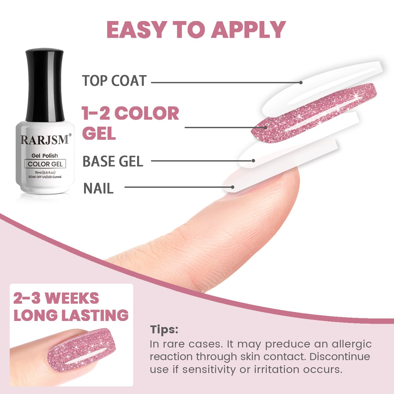 Easy to apply top coat 1-2 color gel base gel nail 2-3 weeks long-lasting tutorial tips allergic reaction sensitivity
