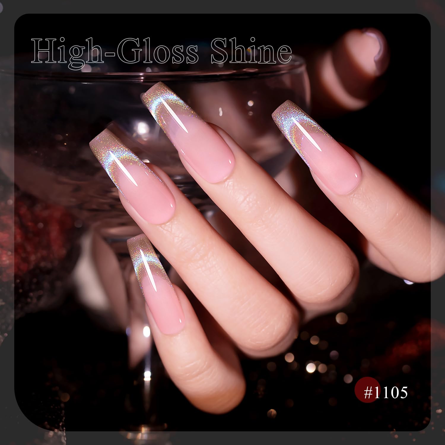High-gloss shine holographic glitter gel polish French gradient tips rainbow aurora blue 21 days wear
