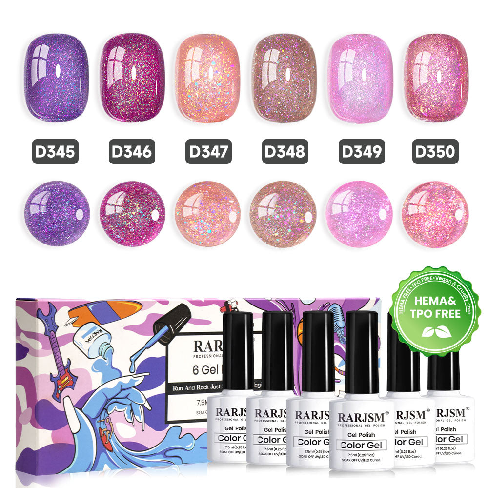 TPO HEMA free glitter gel polish bottles 6 colors set low odor non-toxic EU certified safe vegan formula
