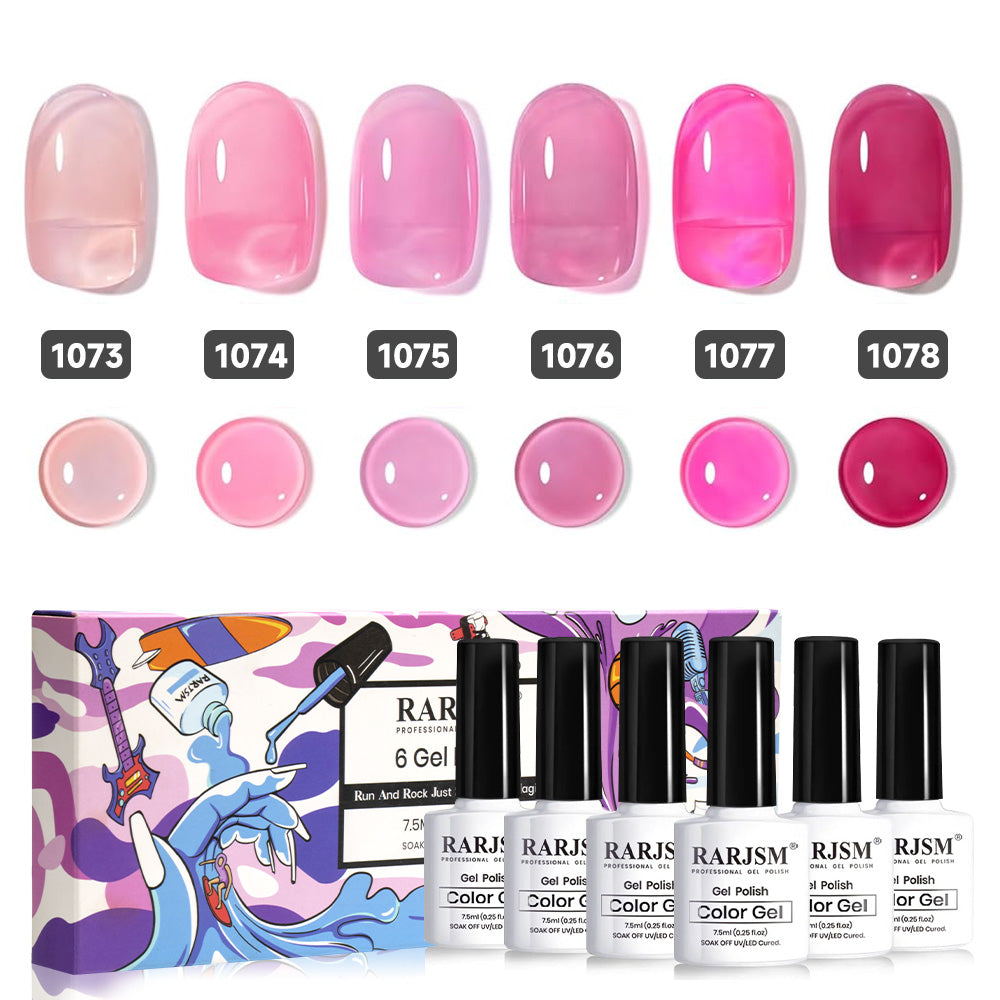 Pink jelly crystal color set 1073-1078 complete 6-bottle package showing gradient pink shades in 7.5ml professional bottles
