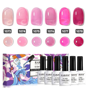 Pink jelly crystal color set 1073-1078 complete 6-bottle package showing gradient pink shades in 7.5ml professional bottles
