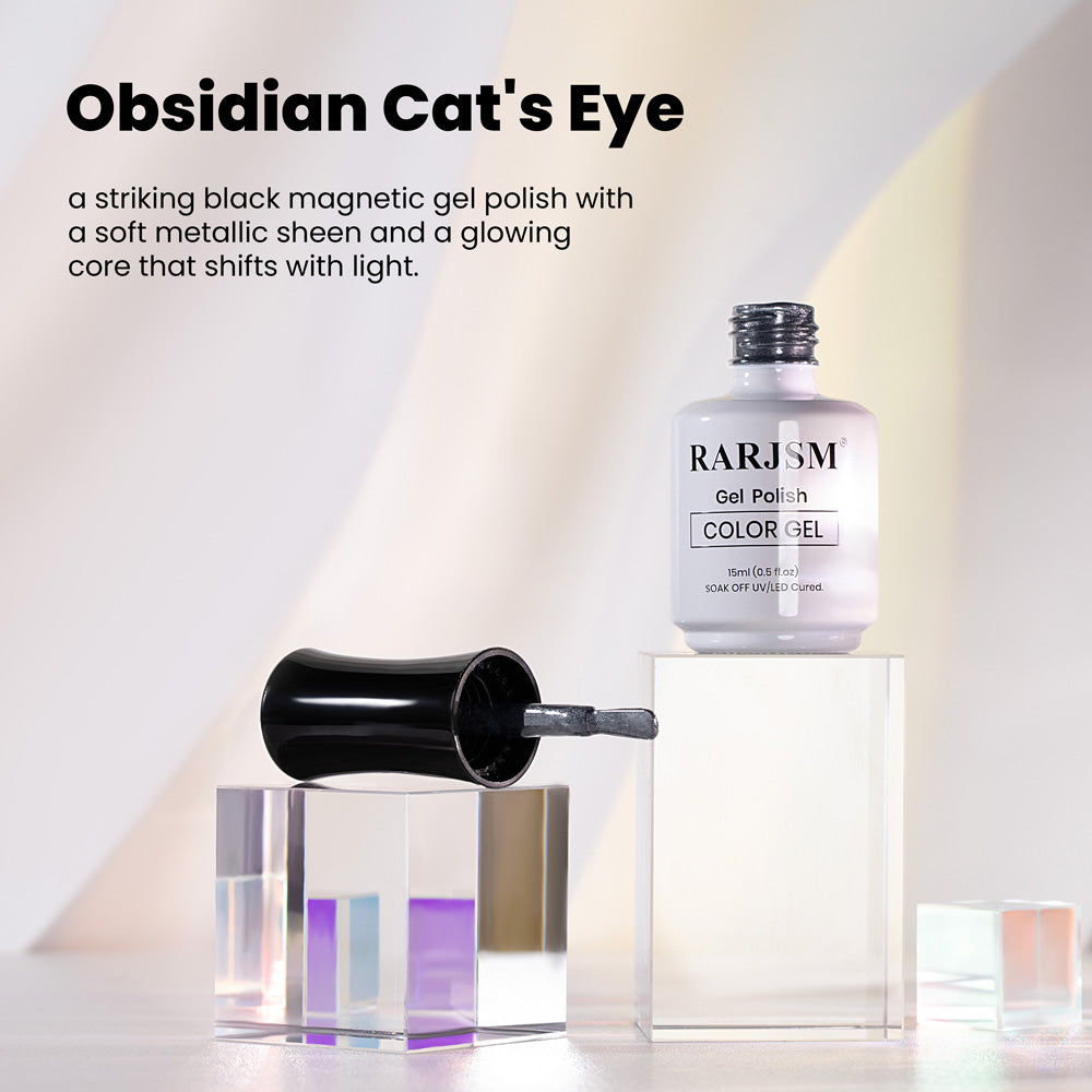 Obsidian Cat's Eye striking black magnetic gel polish soft metallic sheen glowing core shifts with light
