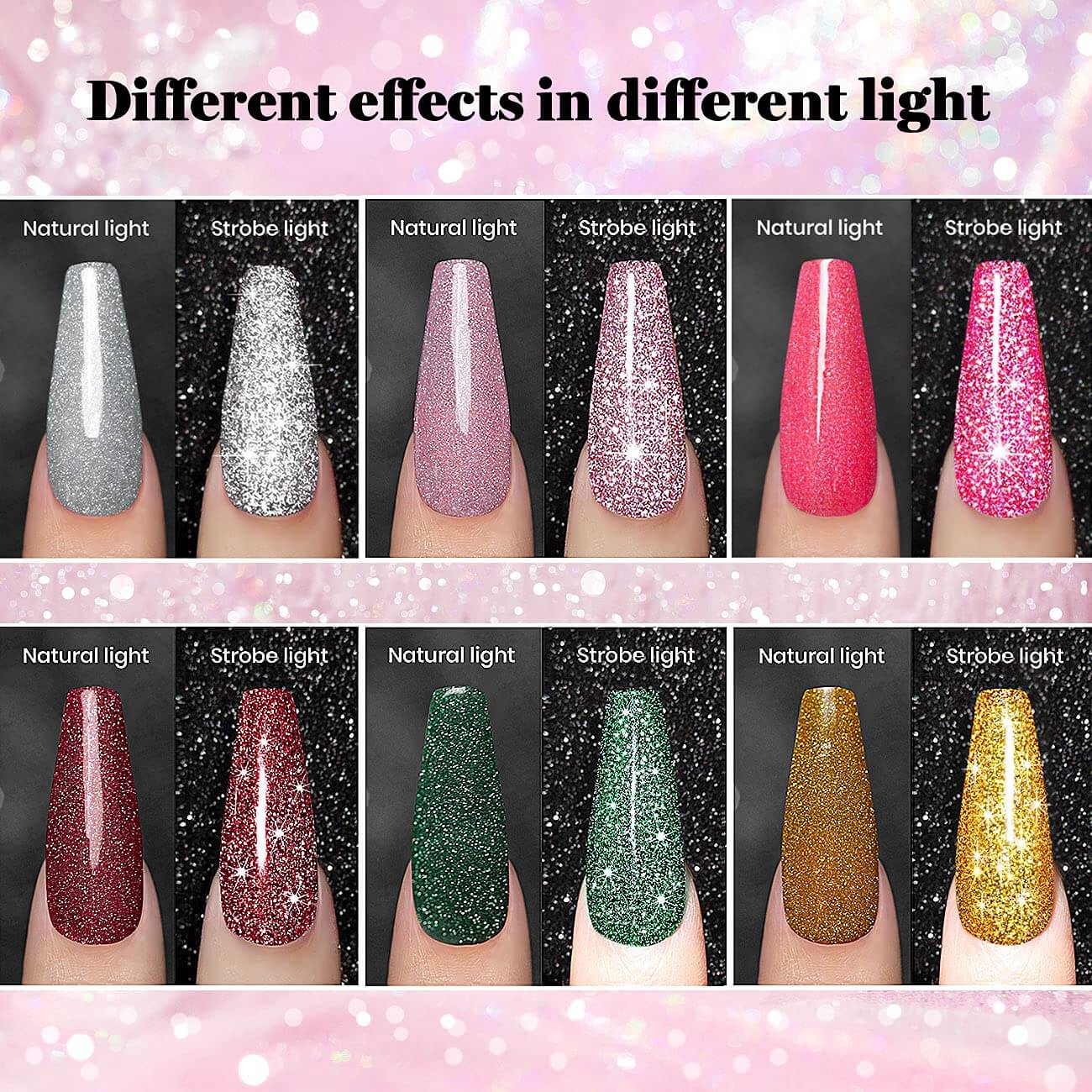 Diamond glitter gel polish dual light effect natural light vs strobe flash reflective sparkle comparison 6 colors