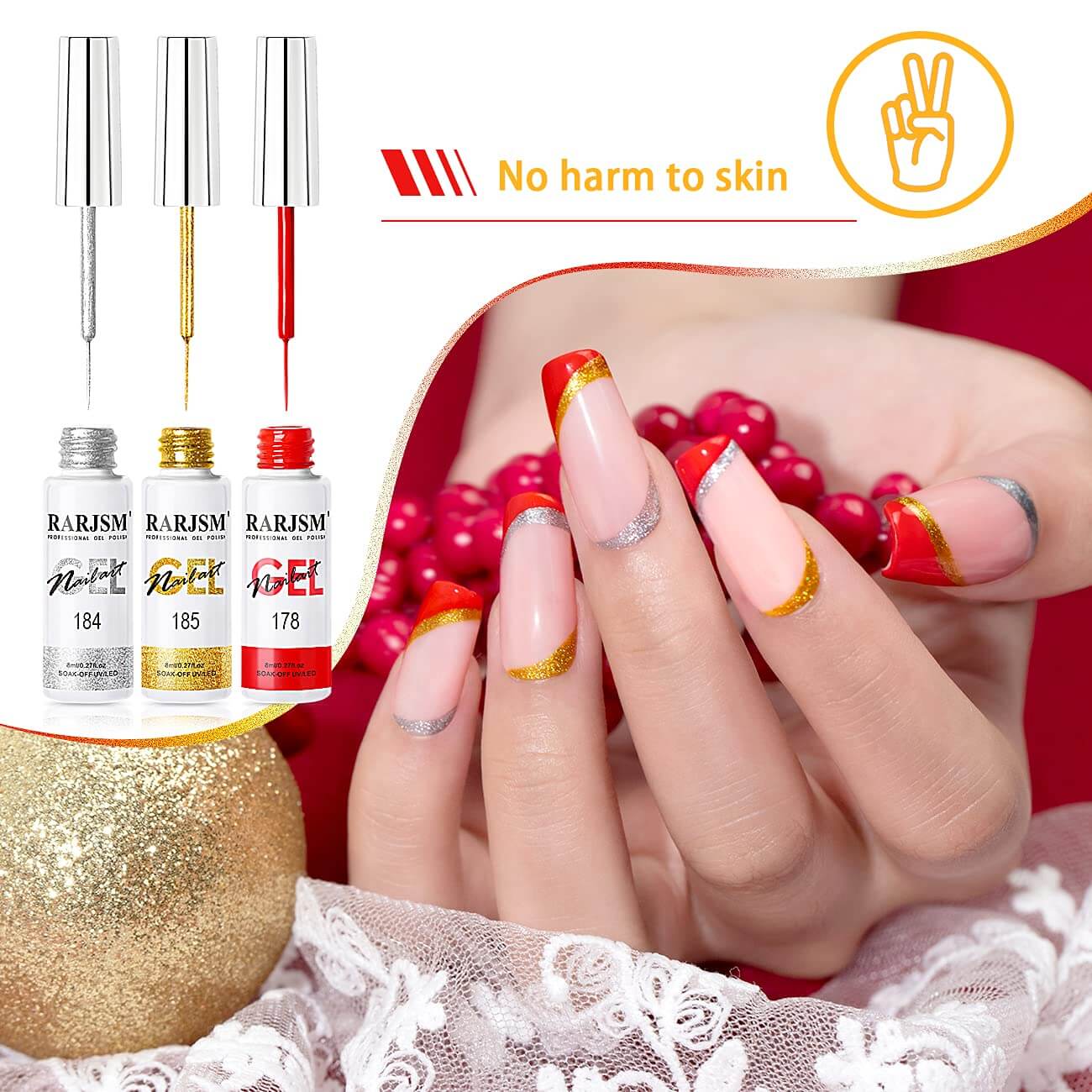 RARJSM ® Nail Art Gel Liner| Christmas Collection | 6 Colors Glitter Painting Nail Gel Polish Set｜8ml 6pcs
