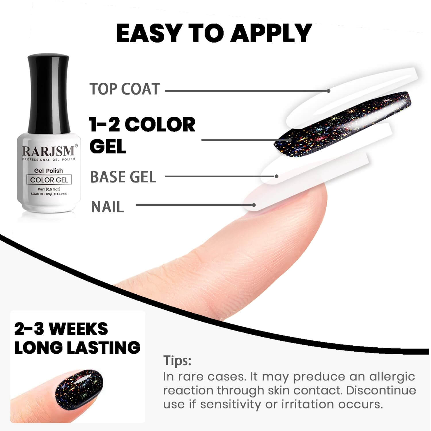 RARJSM ® Sparkly Black Diamond Glitter Gel Nail Polish 15ml #736